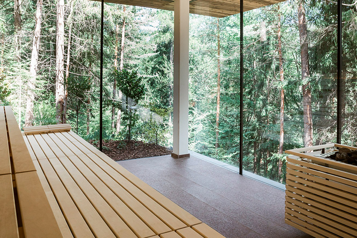 Hotel Saltus, hier Blick aus der Sauna in den Wald, möglich durch komplett verglaste Sauna