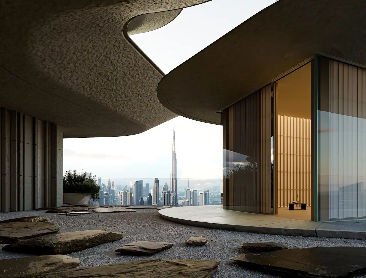 Weydan von Architekt Kengo Kuma: Futuristischer Bau mit japanischen Elementen. Im Hintergrund Blick auf Dubai mit Wolkenkratzern