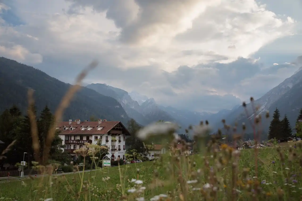 Sicht auf den Trinserhof über die Blumenwiesen hinweg, im Hintergrund die Berge