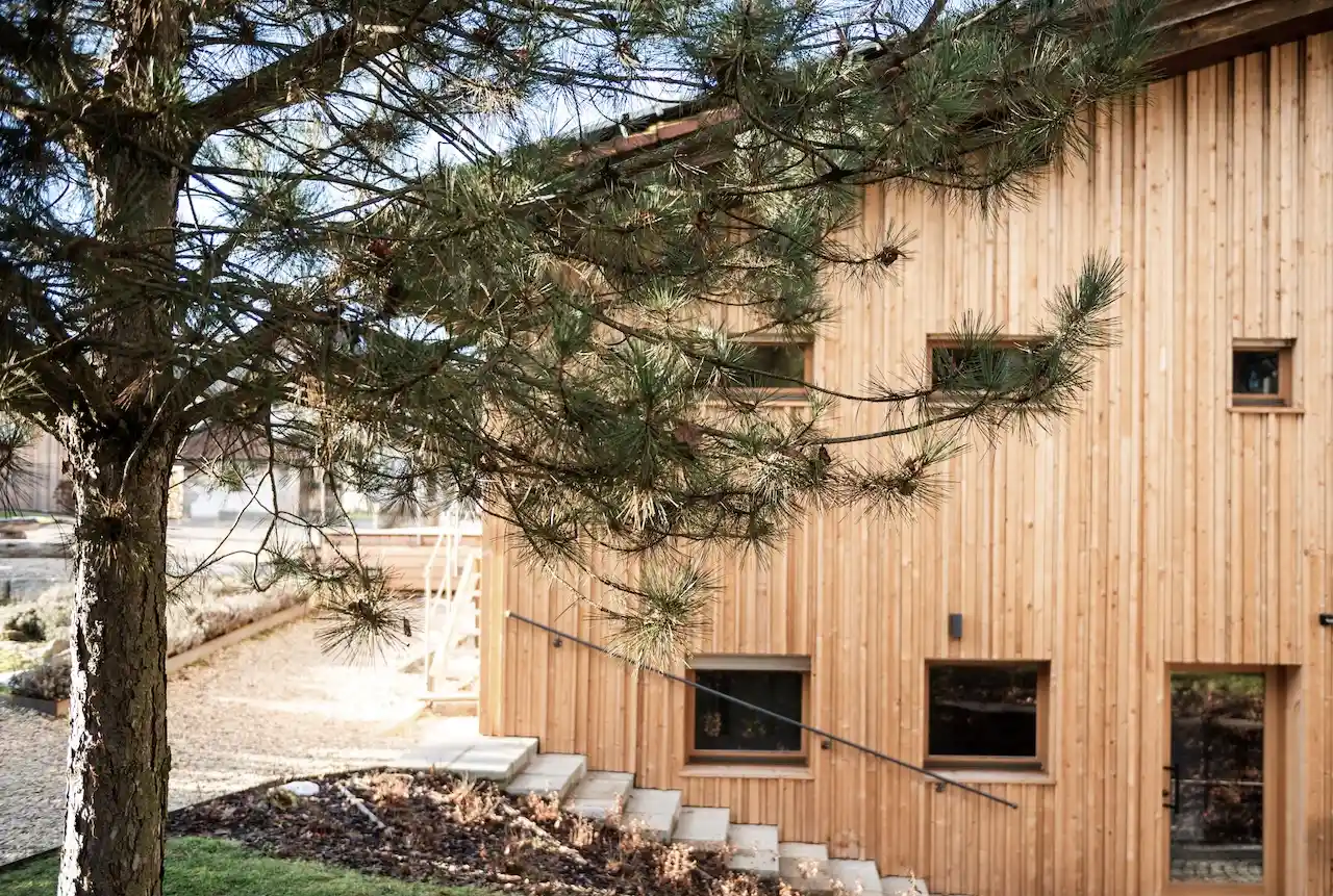 Die FORSTGUT.LOUNGE von außen: ein Haus mit Holzfassade im Grünen