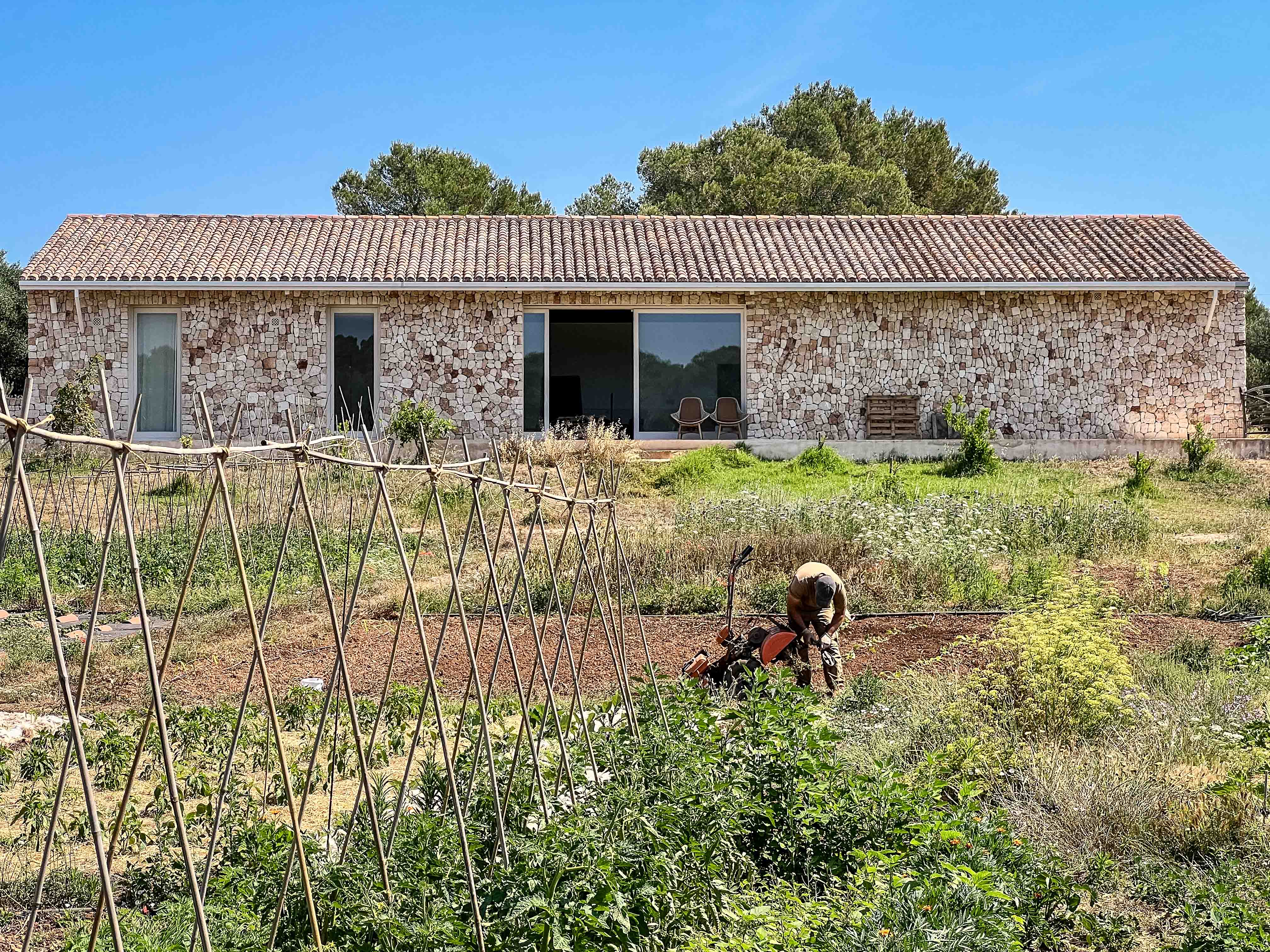 Flaches Natursteingebäude im Son Blanc Farmhouse Menorca mit vorgelagertem Gemüsegarten und Rankgerüsten.