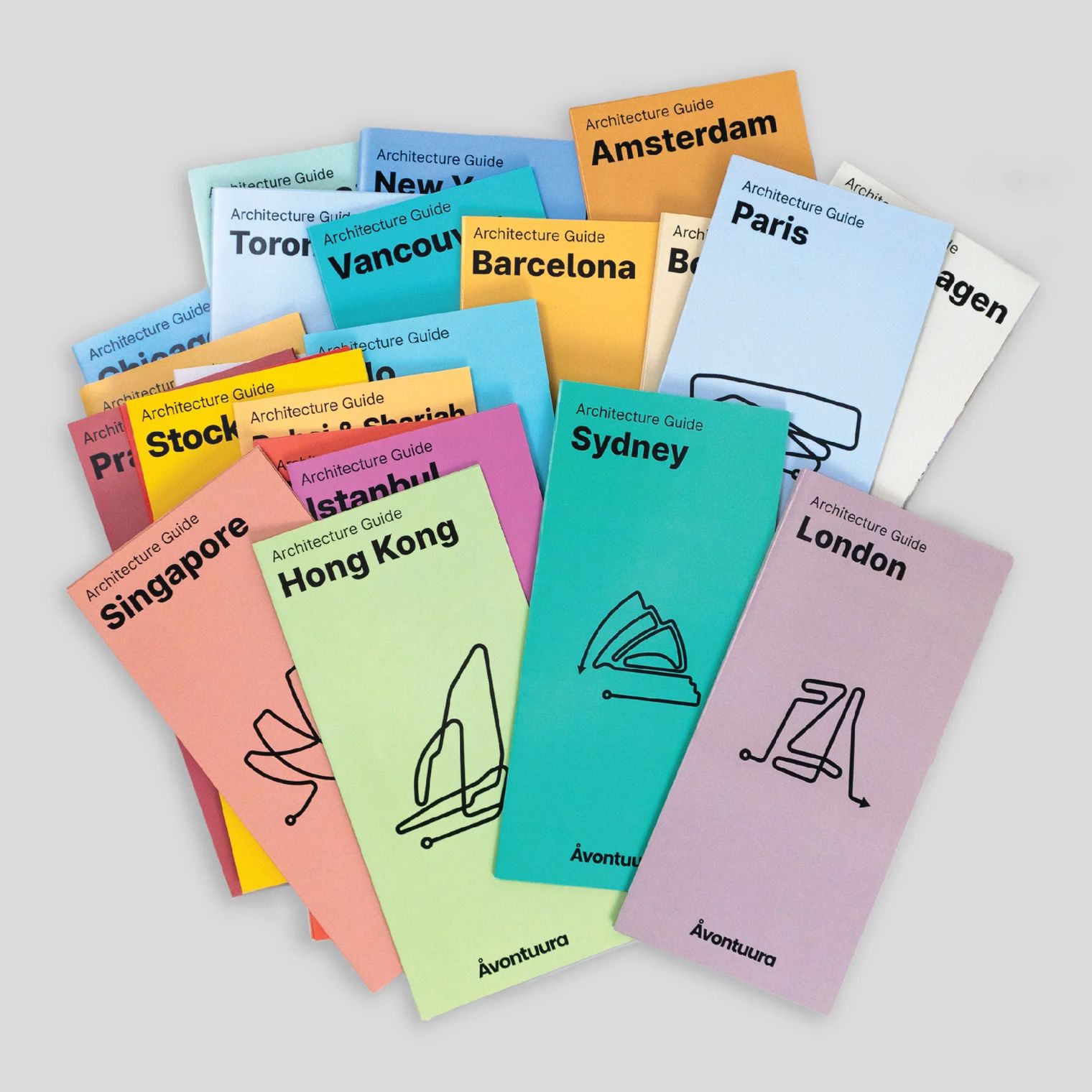 Gedruckte Architektur-Guides von Åvontuura für weltweite Metropolen