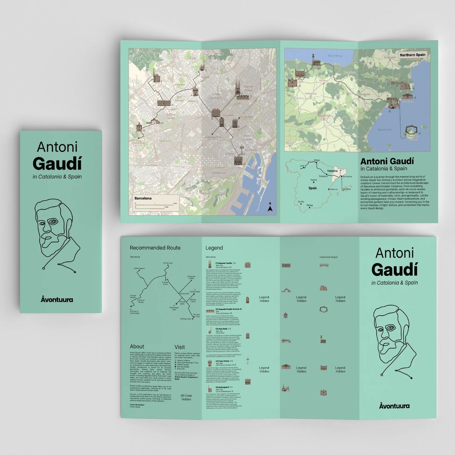 Ausgeklappter Åvontuura Architektur-Stadtplan für Katalonien und Spanien mit Antoni Gaudís Bauwerken, Routen und Illustrationen
