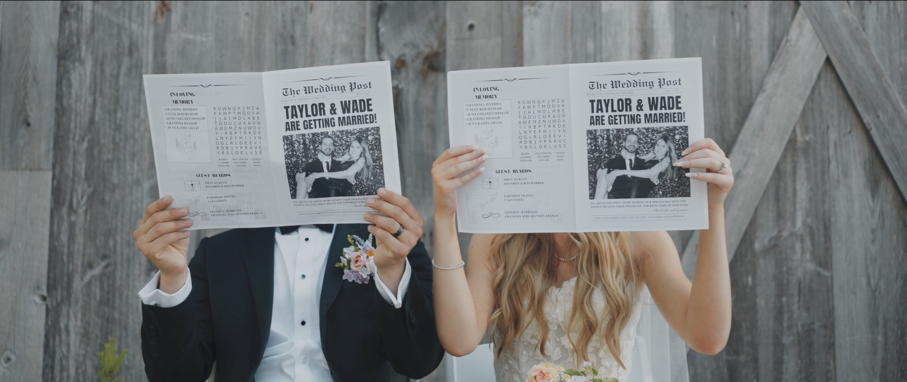 Bride and groom in wedding attire holding newspapers titled 'The Wedding Post' announcing 'Taylor & Wade are getting married!' covering their faces.