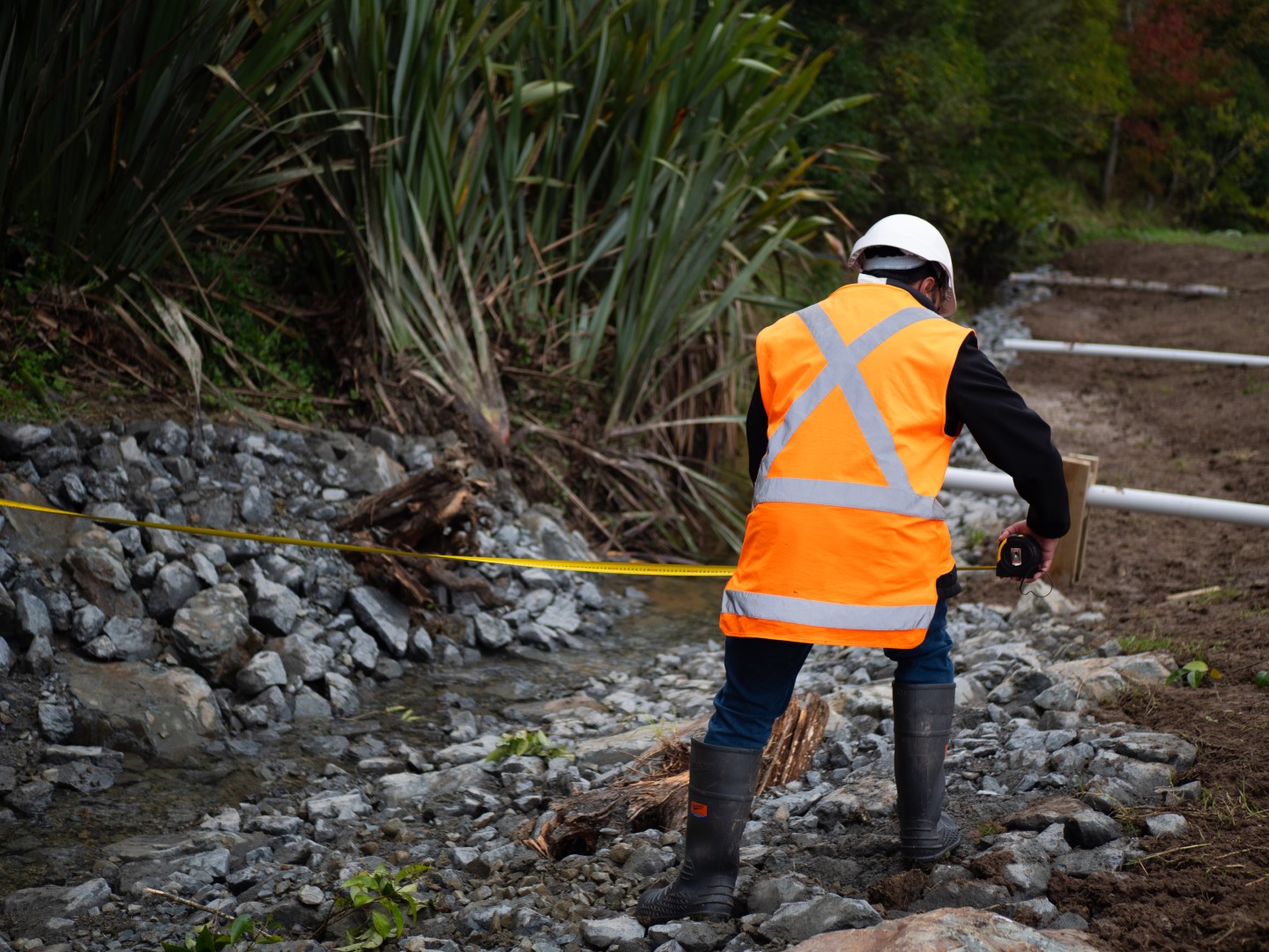 A Morphum Environmental engineer assessing the construction of a nature-based stormwater discharge design in New Zealand