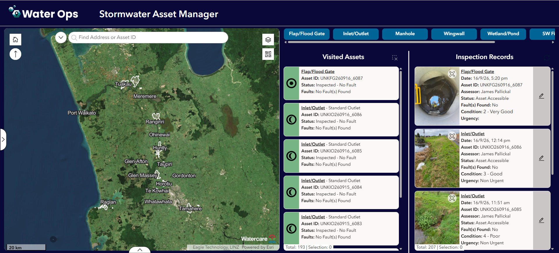 Screenshot of a version of the Water Ops Asset Tracking platform built for the Waikato
