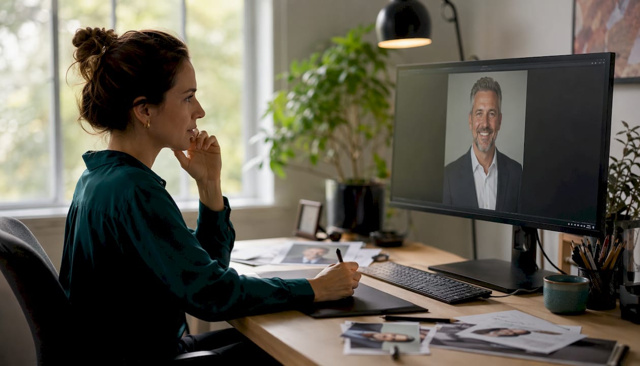 Image editor adjusting headshot framing on screen