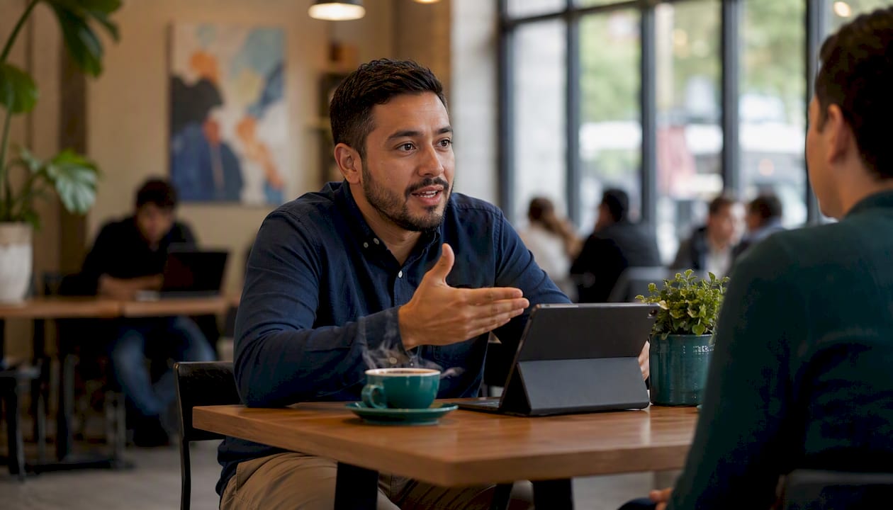 Young man showing integration connectors on tablet
