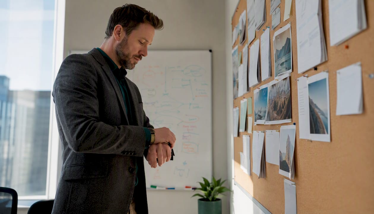 Side view of man adjusting watch in corporate attire