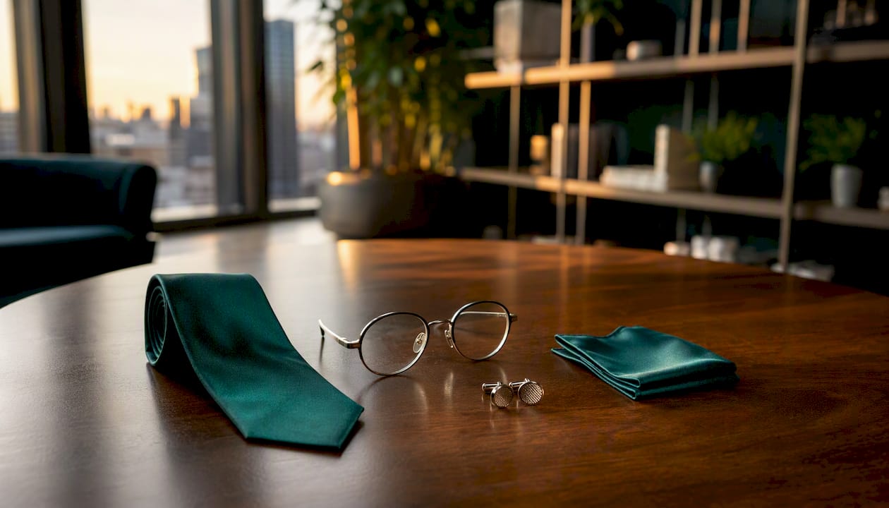 Overhead view of corporate accessories for headshot
