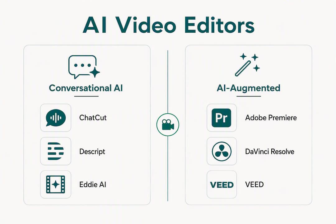 Comparison infographic of AI video editing software categories
