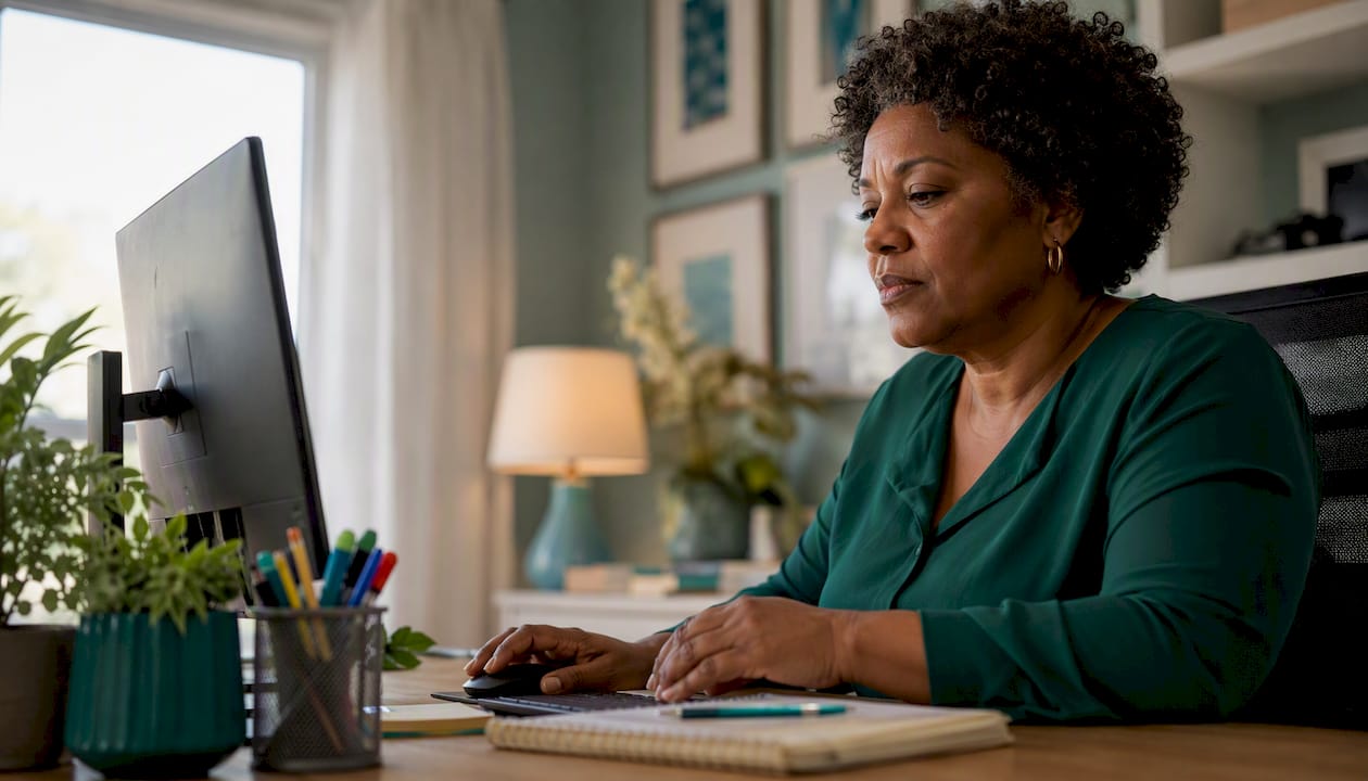 Woman organizing digital image files on dual monitors