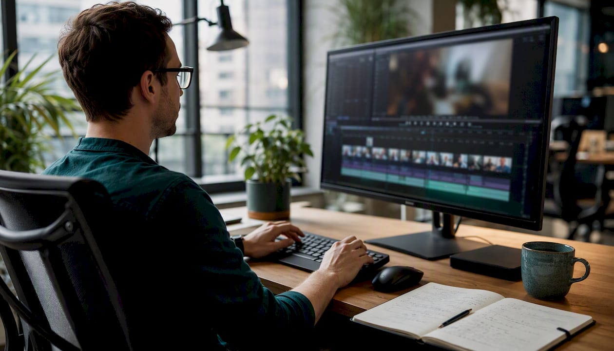 Hands editing video timeline on professional software