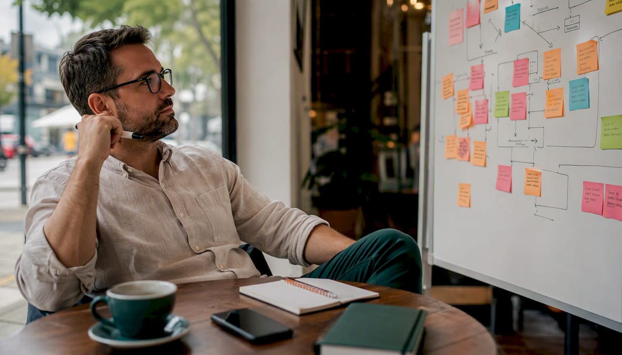 Content strategist planning with whiteboard and notes