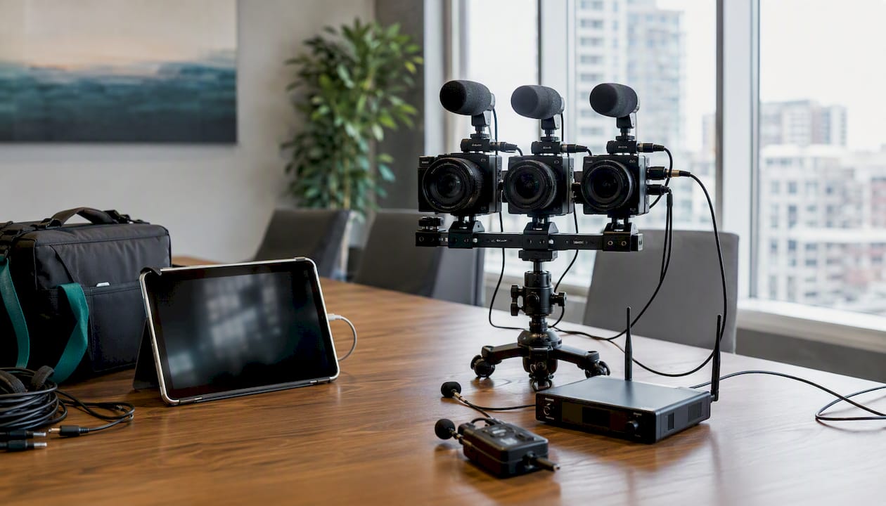 Close-up of video recording equipment laid out