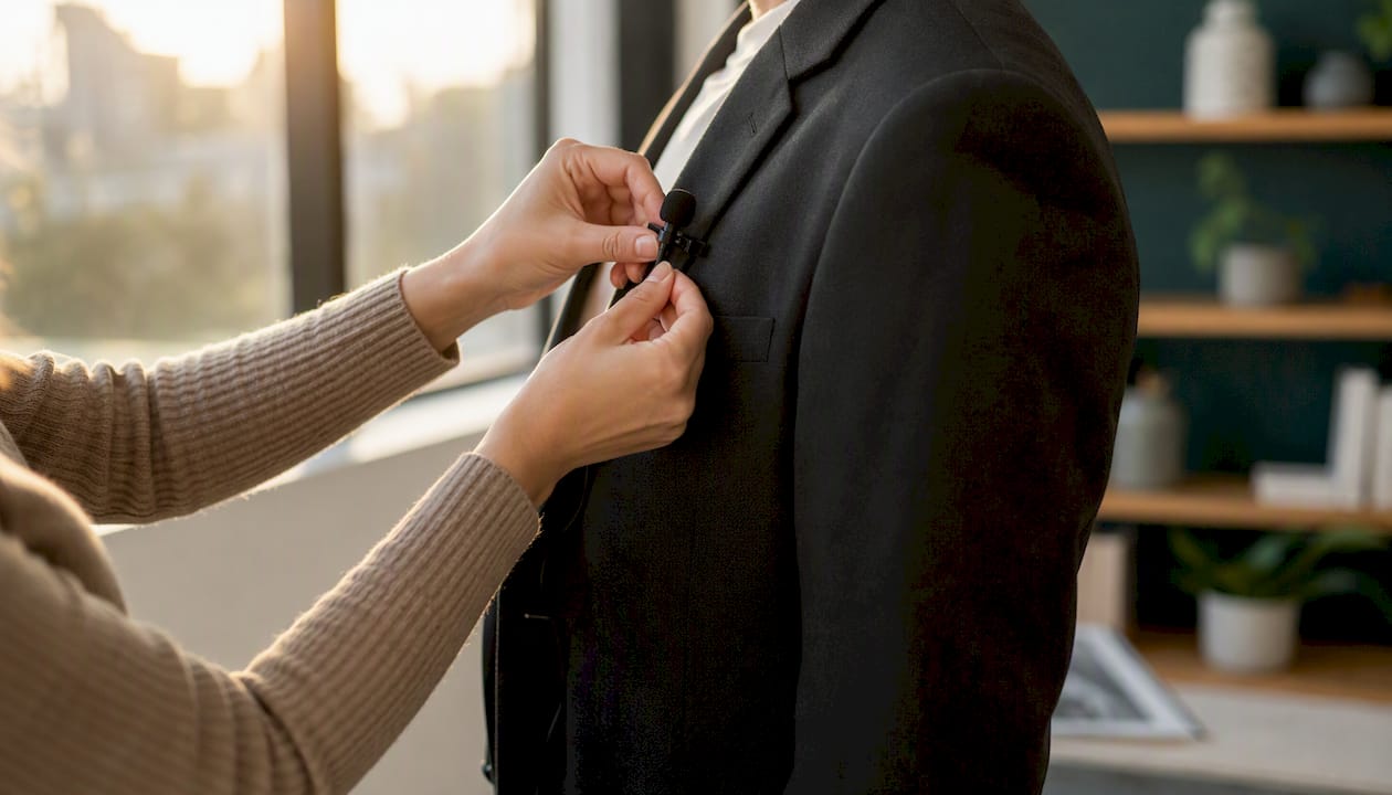 Hands adjusting lavalier microphone on lapel