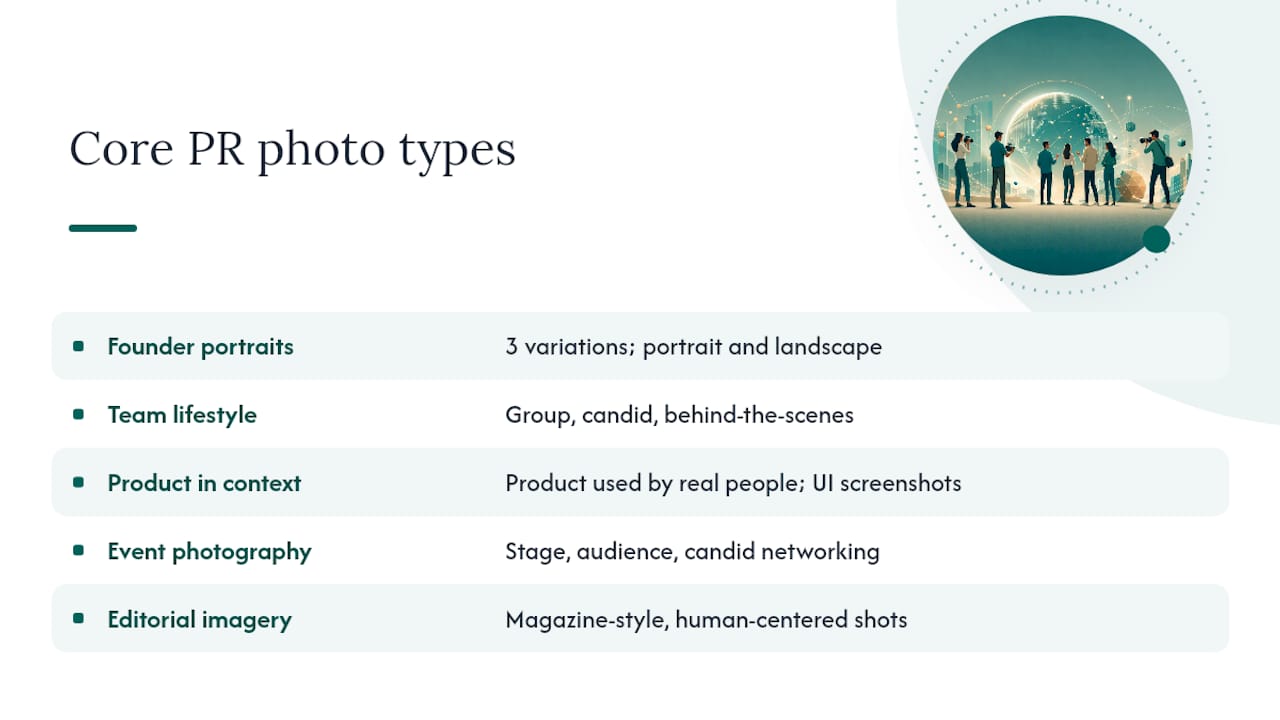 Diagram of core branding photo types startups need