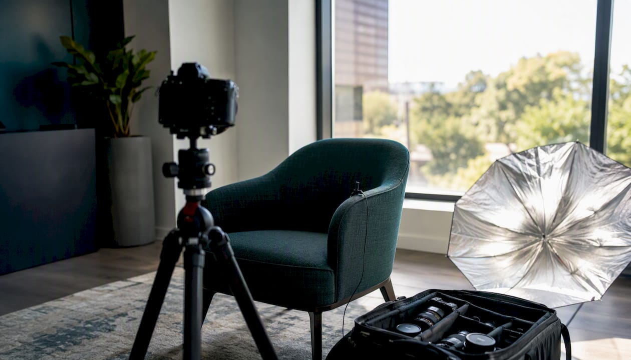Professional photo shoot setup with chair and equipment