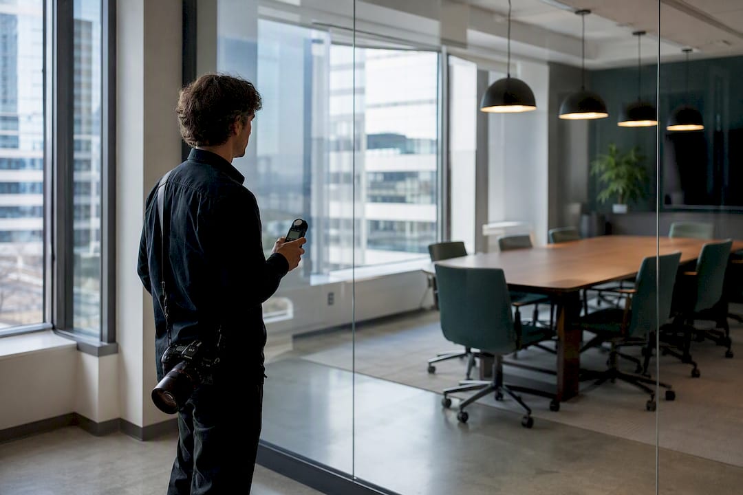 Photographer checking lighting conditions in office