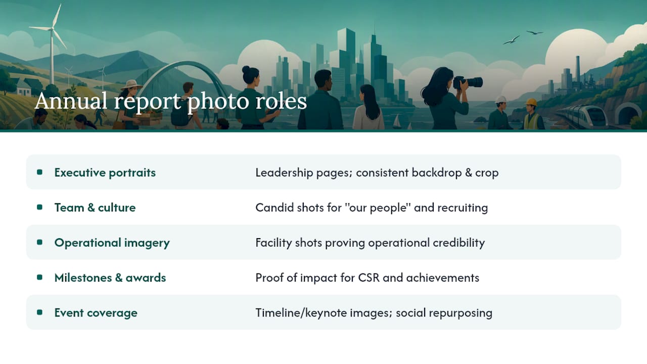 Diagram summarizing annual report photography types and uses