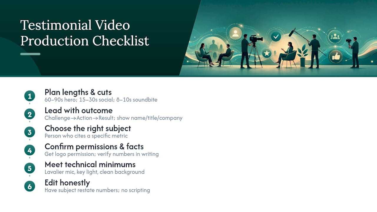 Checklist diagram of testimonial video production steps