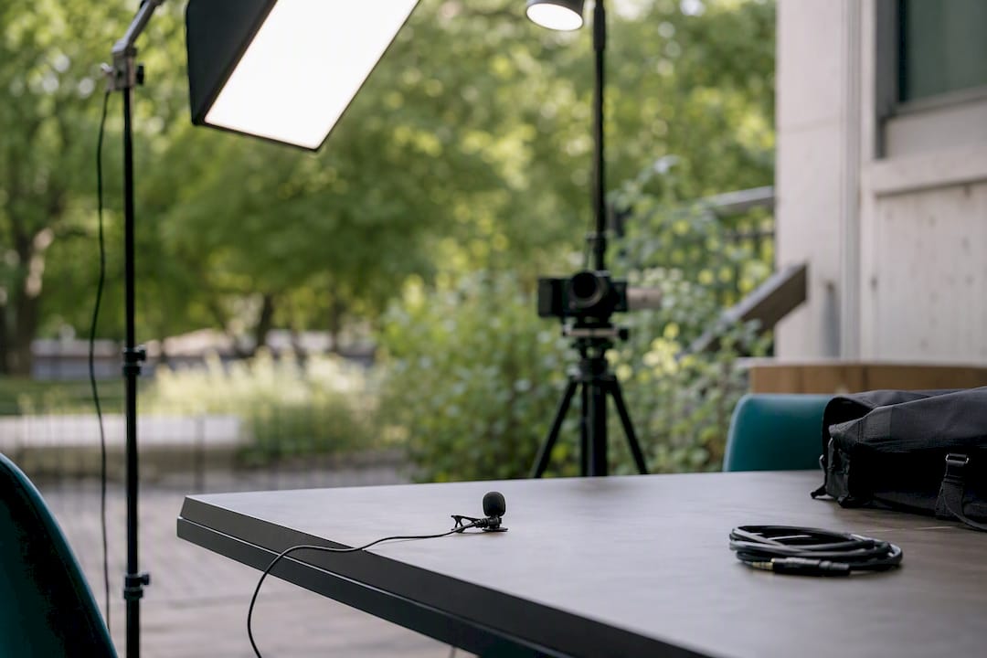 Close-up of lighting and lavalier microphone setup