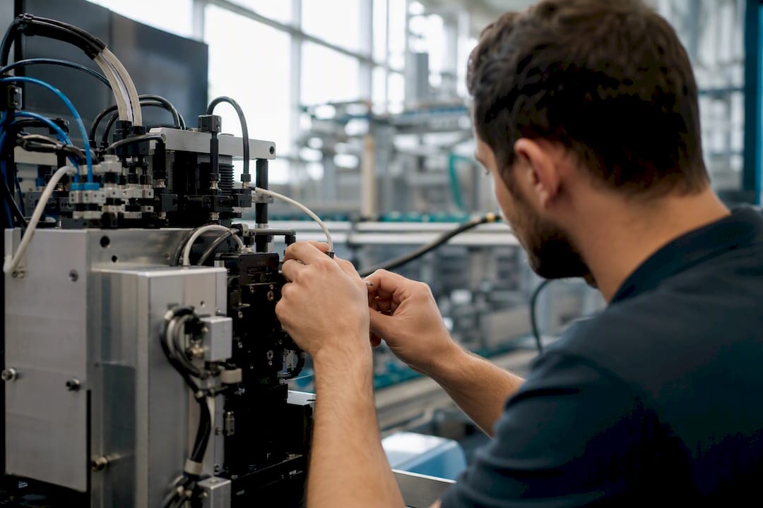 Technician adjusting machinery in facility
