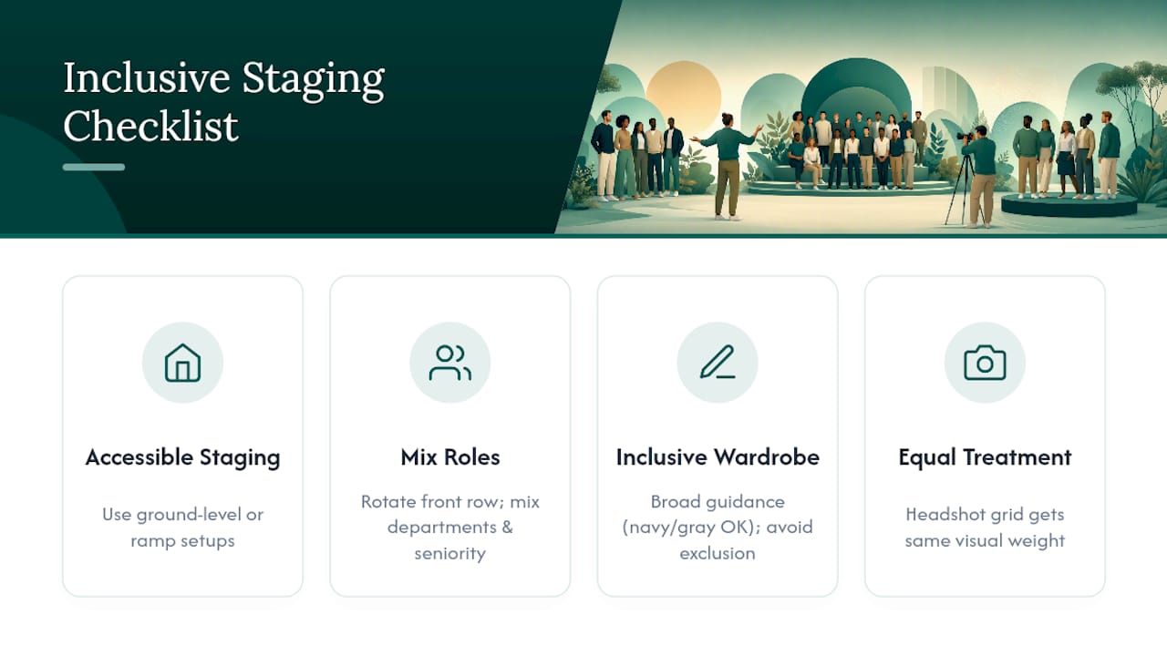 Inclusive principles for company group photo staging