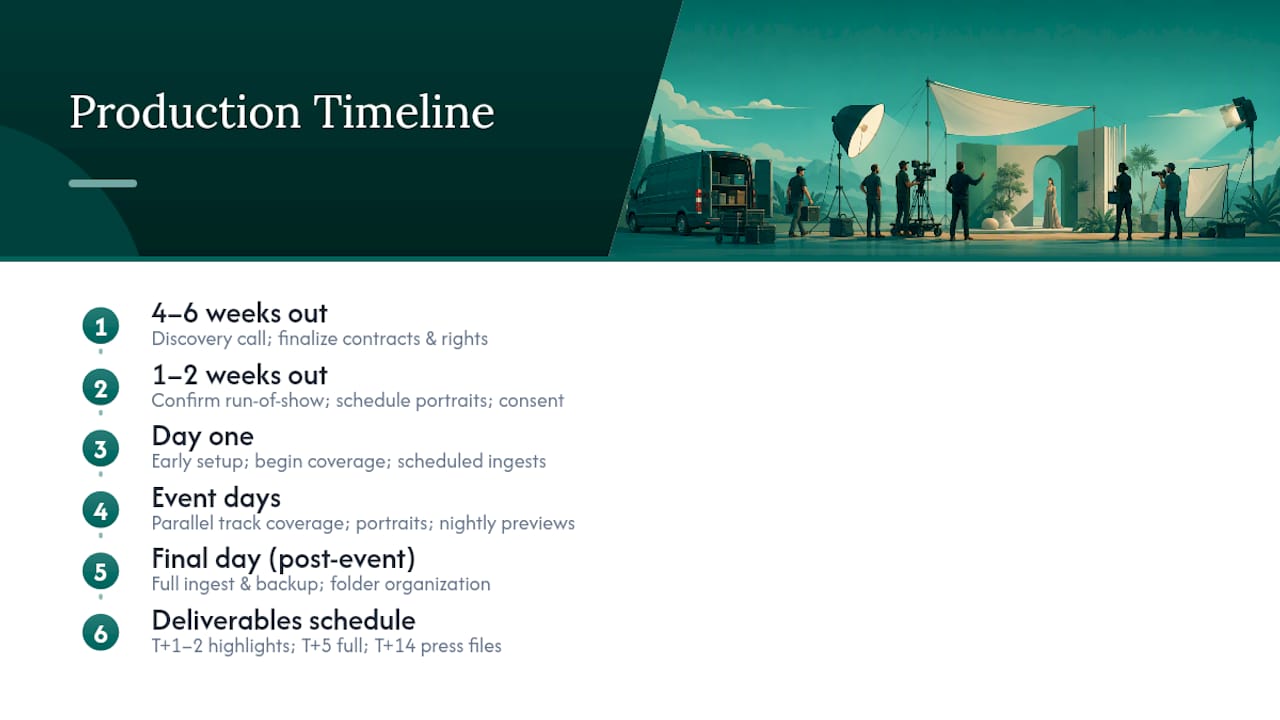 Timeline from shoot planning to final delivery