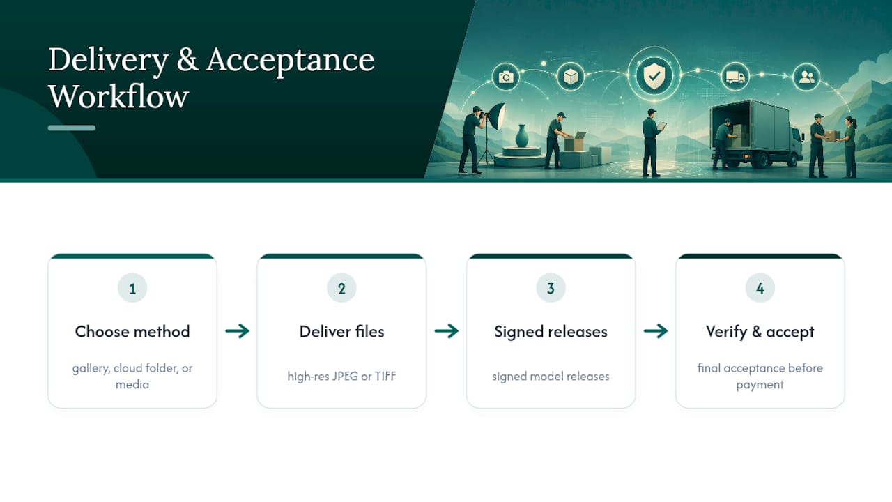 Secure photography delivery and acceptance workflow