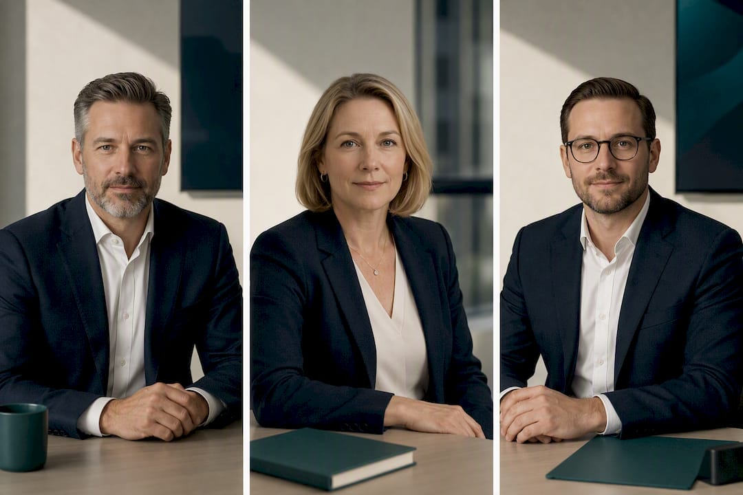 Three aligned headshot frames share identical visual settings