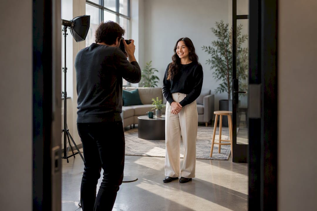 Employee during a scheduled standing headshot session