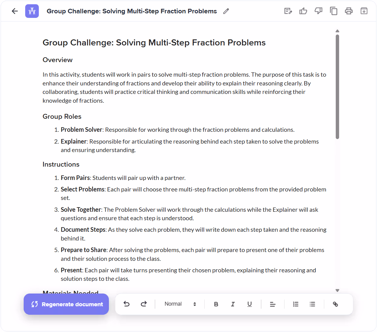 AI-generated group task with roles and rubric from Flexi.