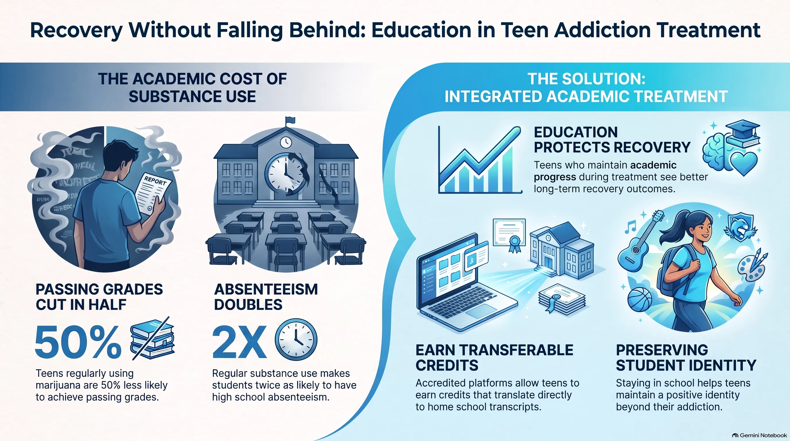 Infographic titled "Recovery Without Falling Behind: Education in Teen Addiction Treatment." The left side shows the academic cost of substance use: teens who regularly use marijuana are 50% less likely to achieve passing grades and twice as likely to have high absenteeism. The right side shows the solution of integrated academic treatment: maintaining academic progress during treatment protects recovery, accredited platforms let teens earn transferable credits that count toward home-school transcripts, and staying in school preserves a positive identity beyond addiction.