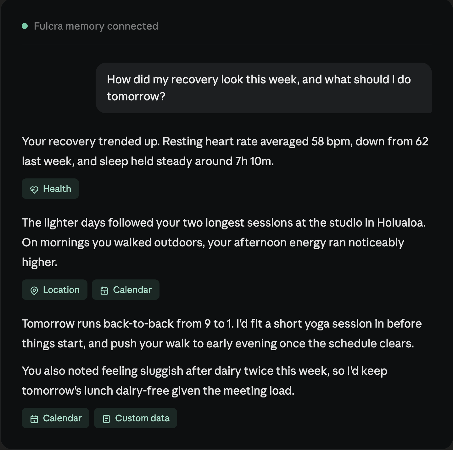 Fulcra memory connected in an AI chat workflow