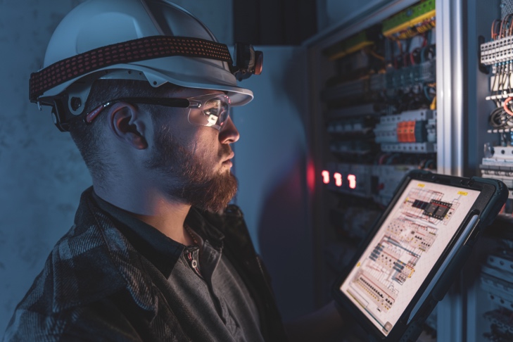 Technician inspecting electrical panel with tablet