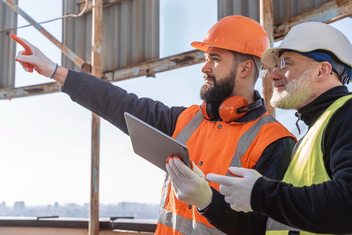 Construction workers with tablet on site