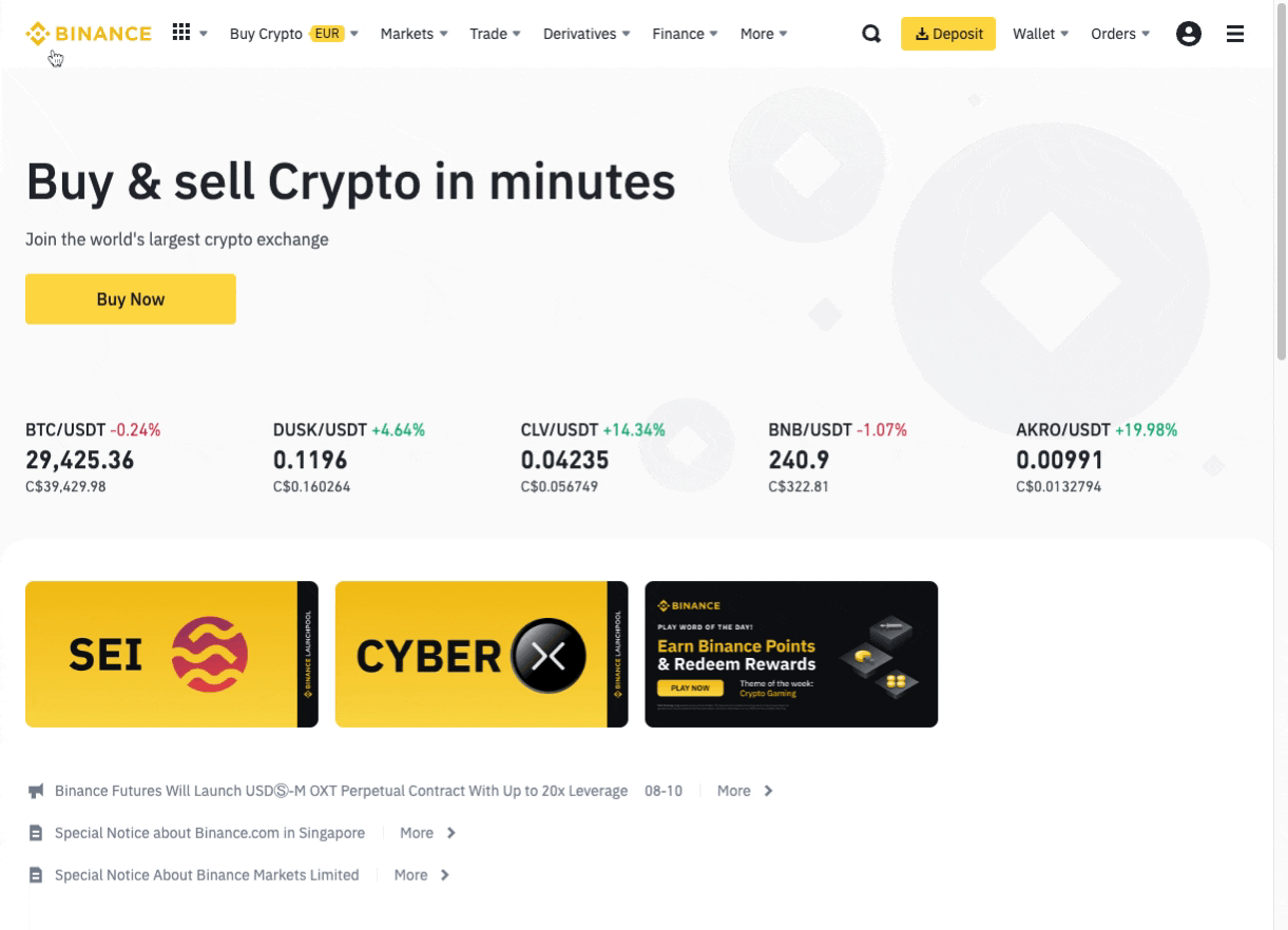 Gif showing how to access the Spot Trade History in Binance