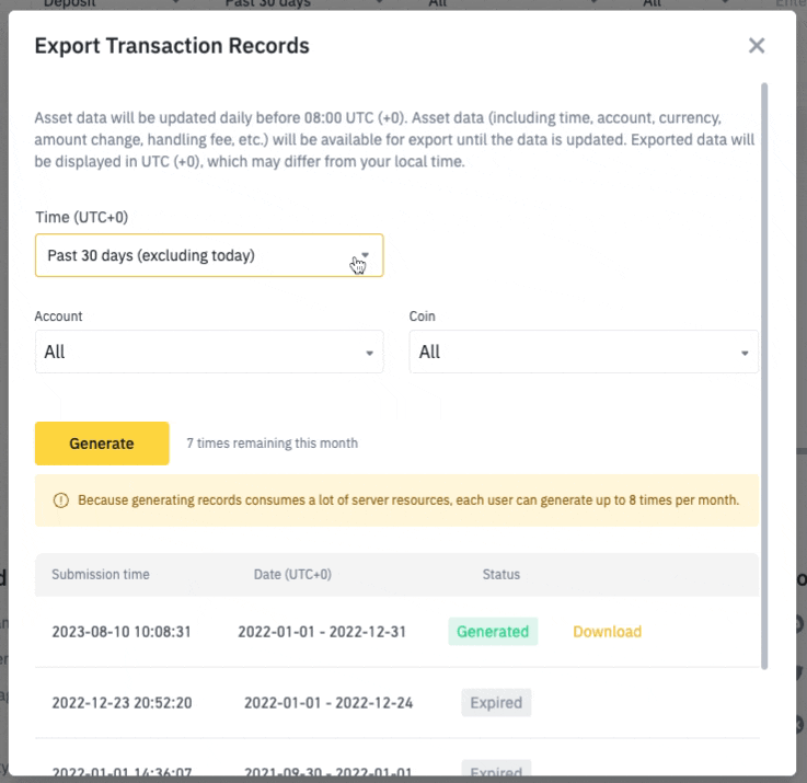 Gif showing how to configure Transaction History in Binance