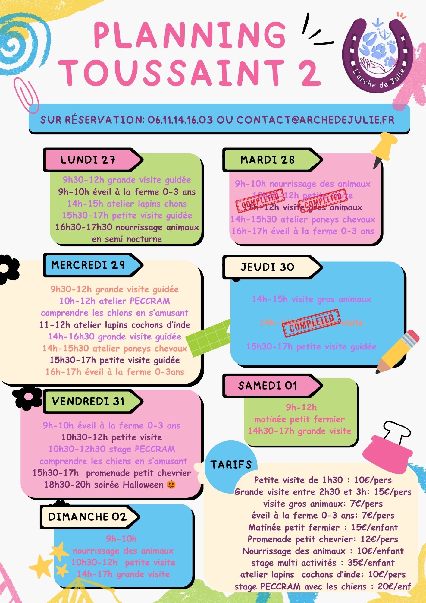 Planning seconde semaine des vacances de Toussaint 2025
