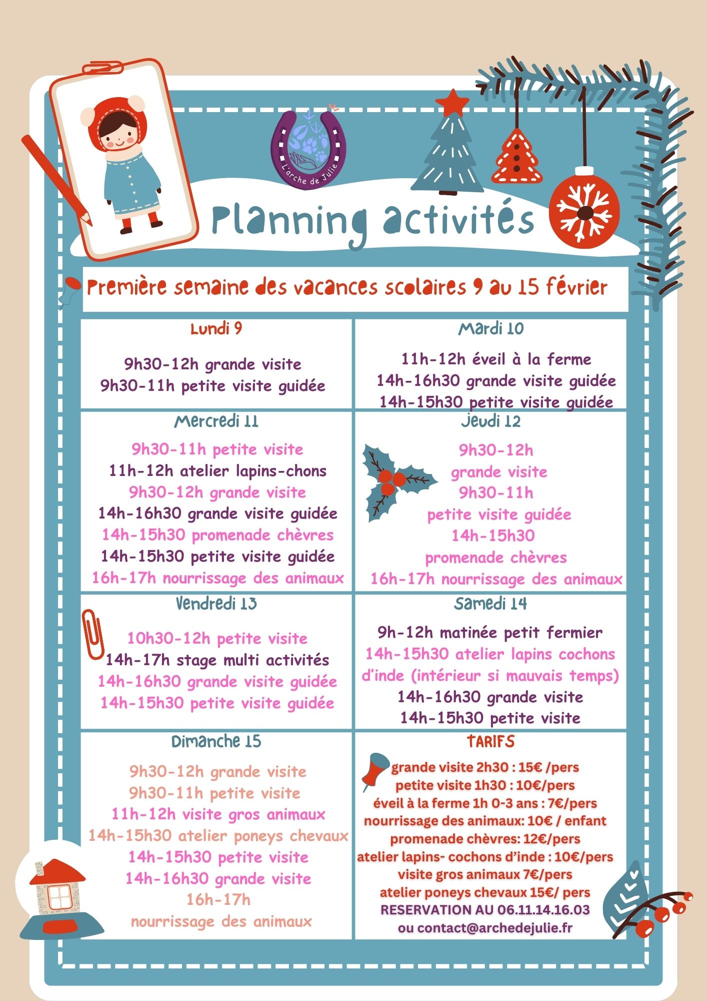 Planning de la première semaine des vacances de février