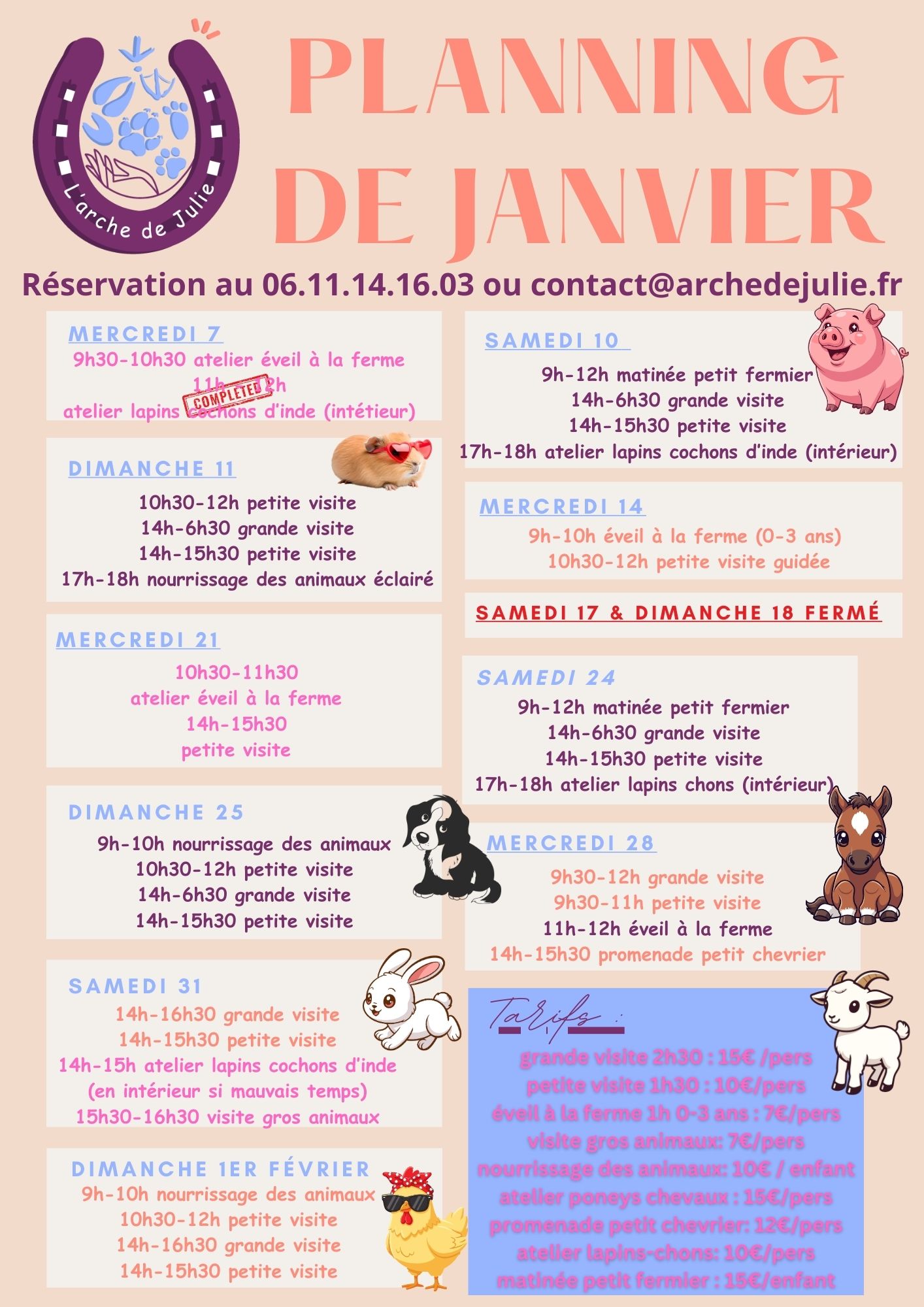 Planning de janvier 2026 et 1er février 2026