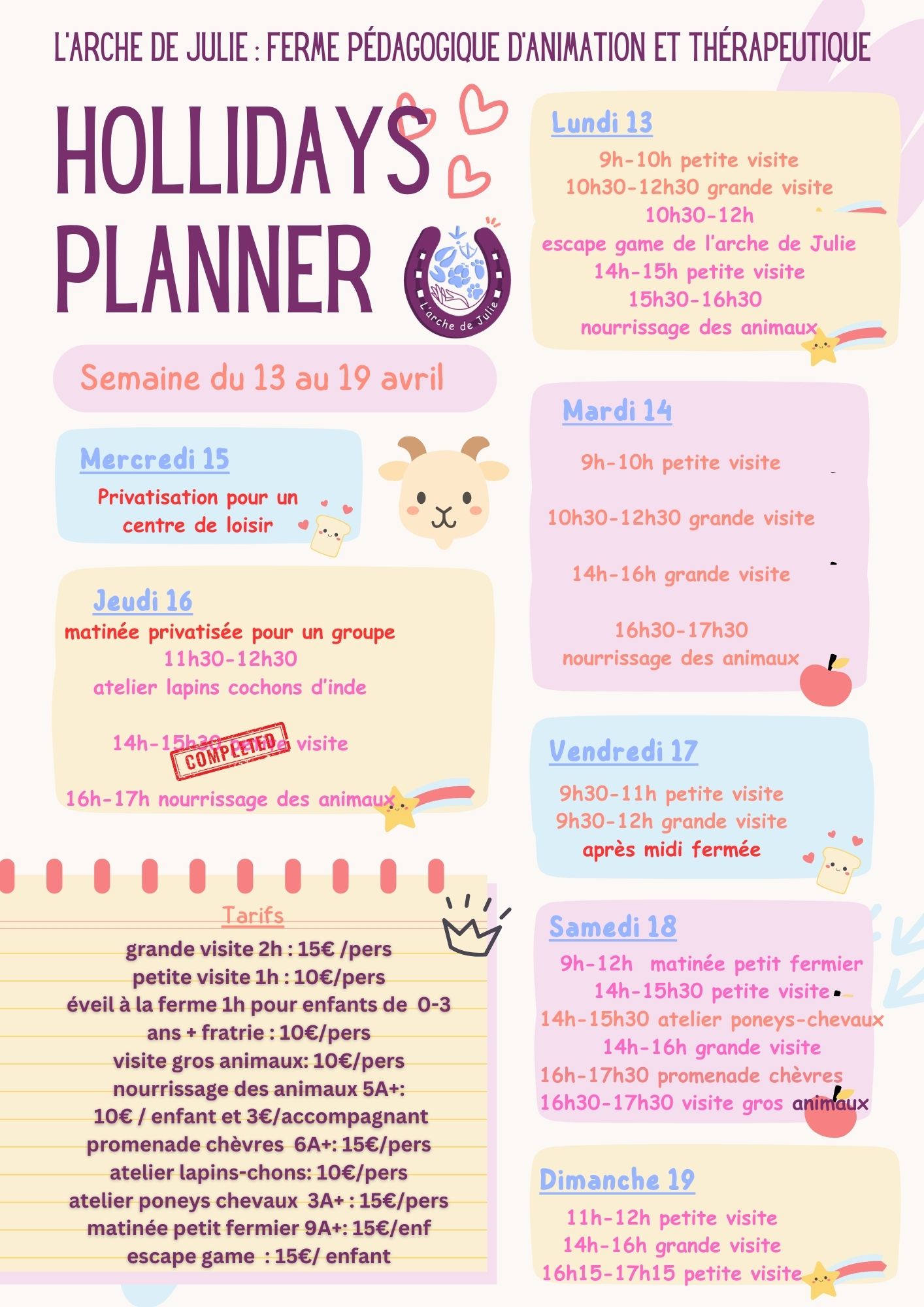 Planning de la seconde semaine des vacances d'avril