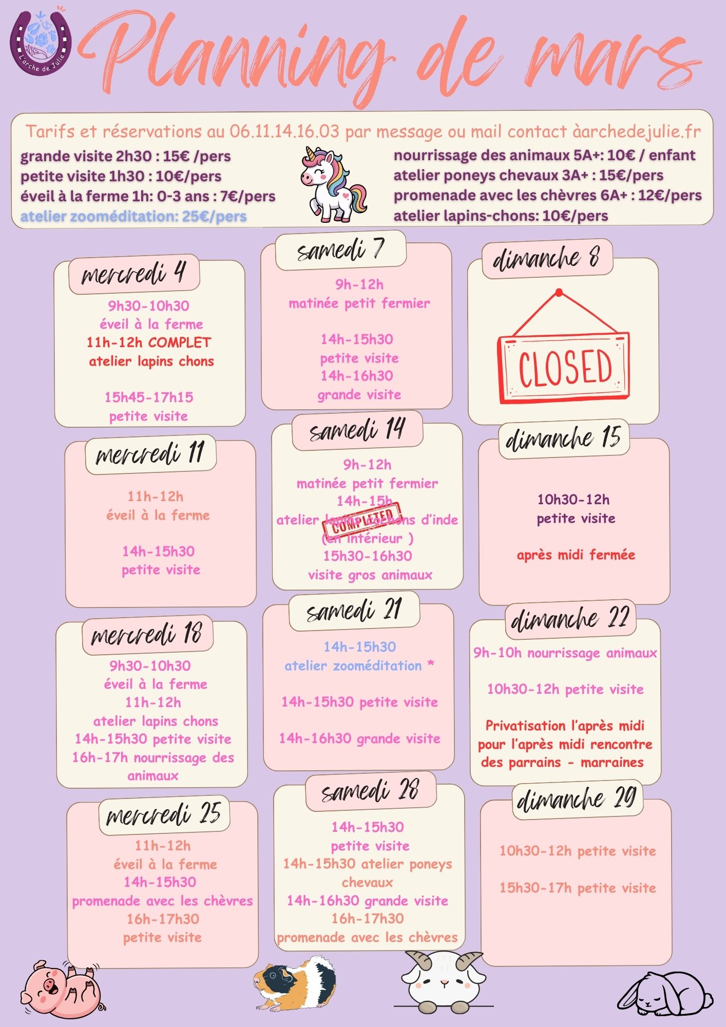 Planning du mois de mars 2026