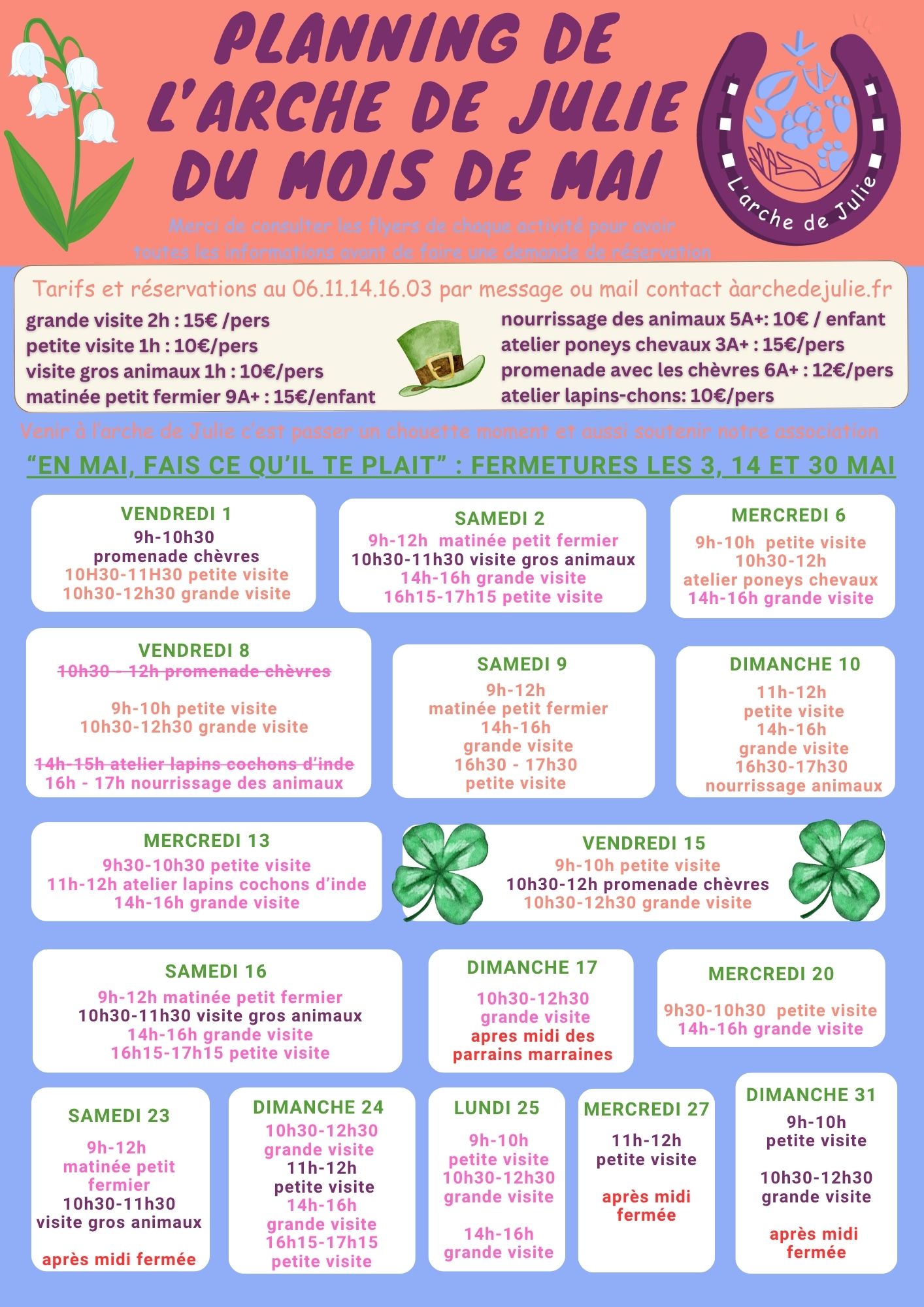 Planning  du mois de mai 2026 de la ferme pédagogique