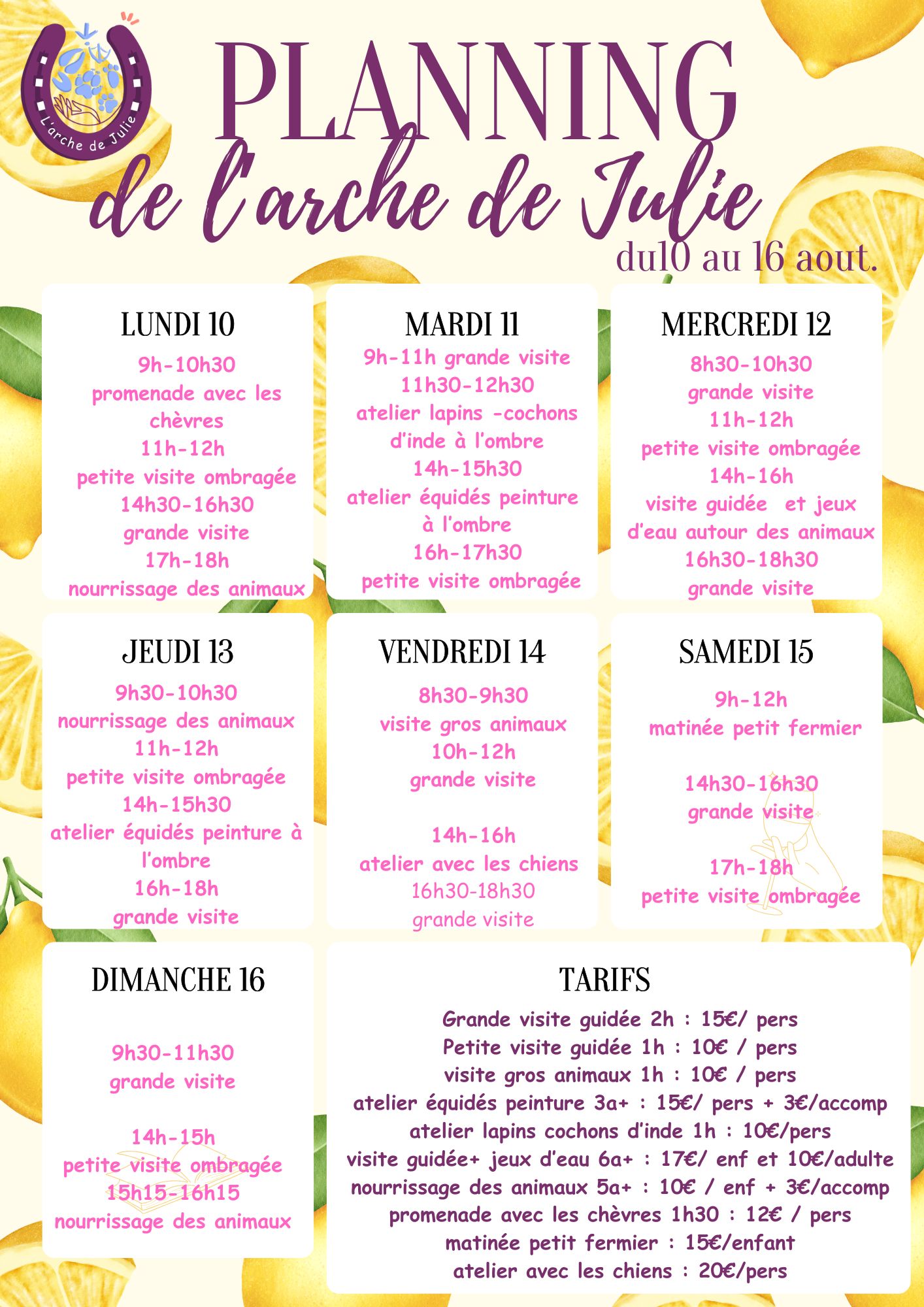 Planning du 10 au 16 aout