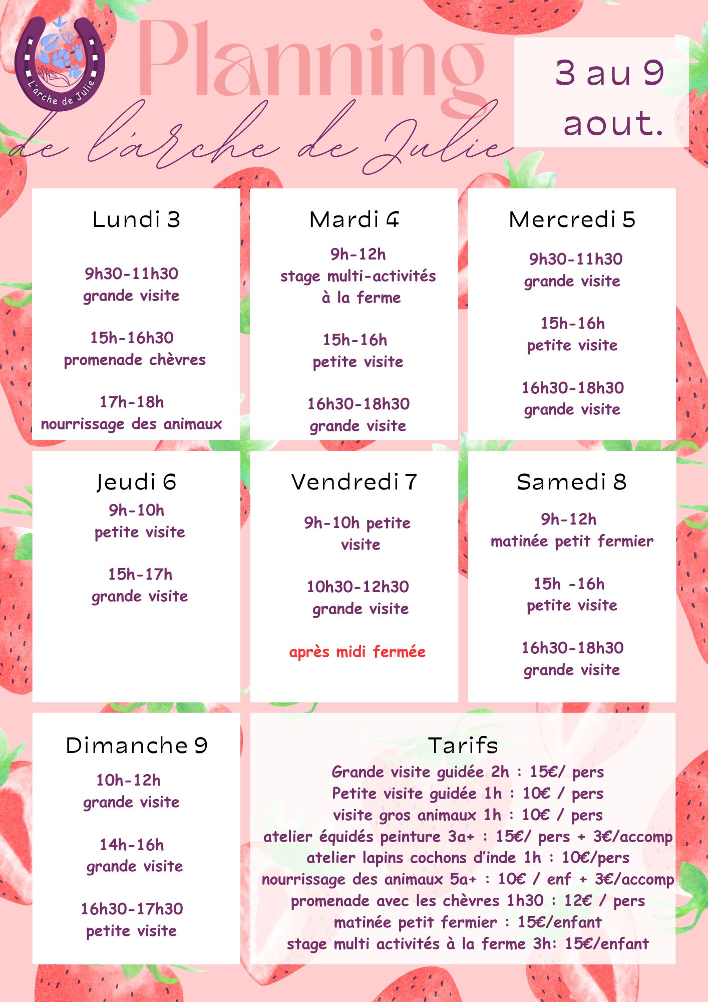 Planning du 3 au 9 aout 