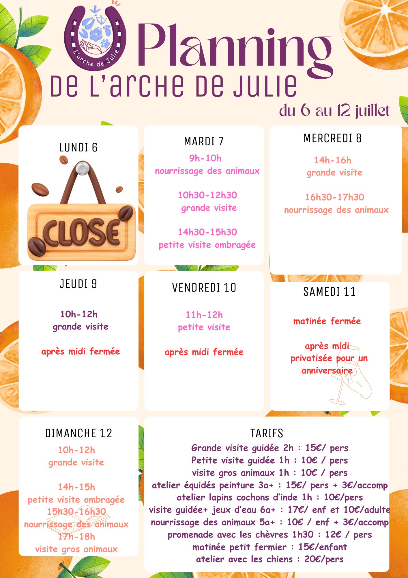 Planning du 6 au 12 juillet