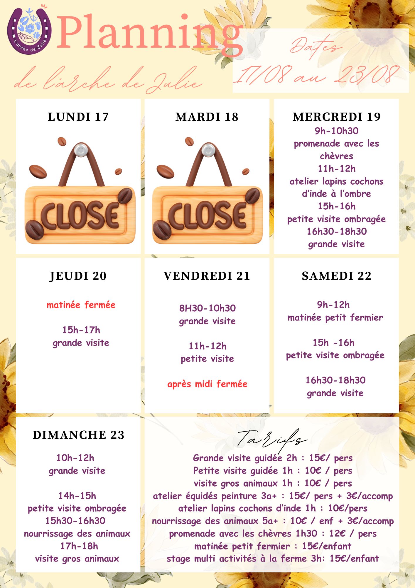 Planning du 17 au 23 aout