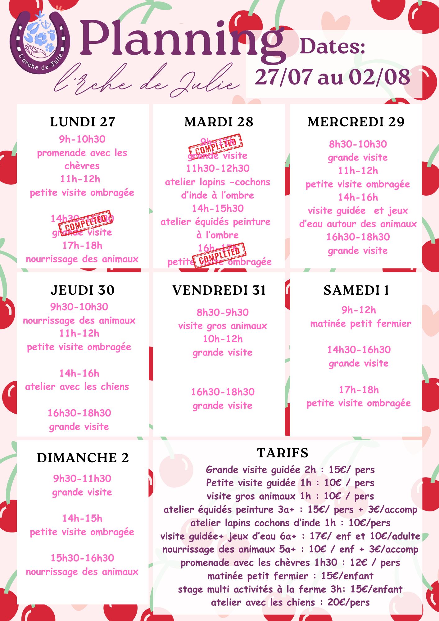 Planning du 27 juillet au 2 aout